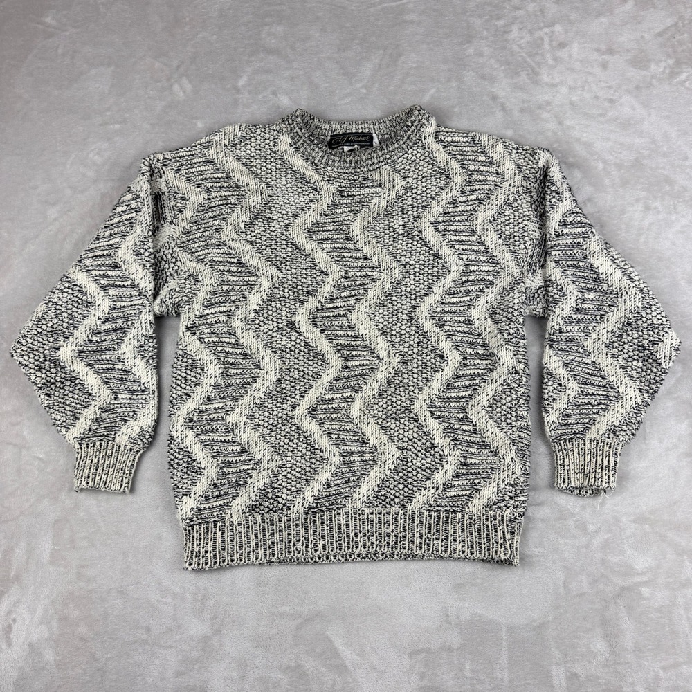 Vintage AJ Michael Cosby Sweater Zig Zag Men L Black Cream Biggie 90s USA Y2K